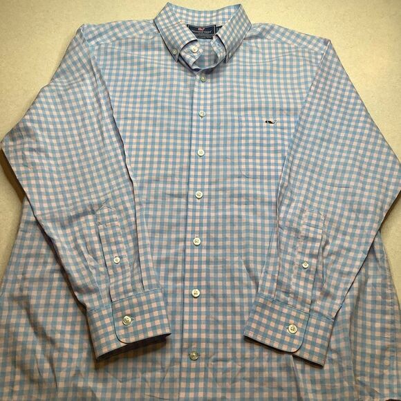 Vineyard Vines XL‎ Slim Fit Tucker Shirt Blue Pink Check Plaid Whale Logo - Picture 4 of 6